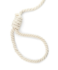 Rope noose with knot on white background, top view