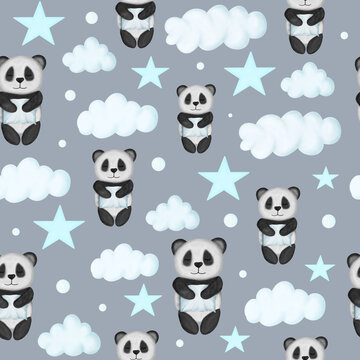 Cute baby panda with pillow, clouds and stars pattern on gray background