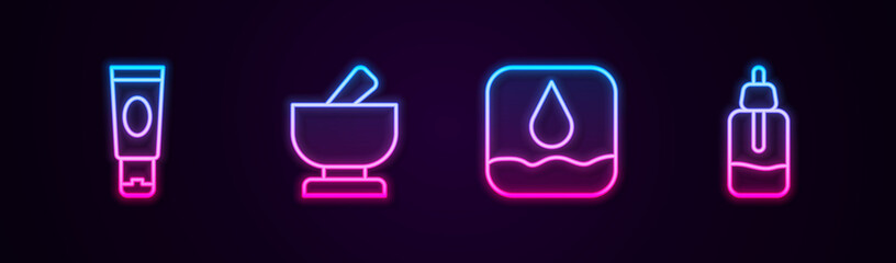 Set line Cream or lotion cosmetic tube, Mortar and pestle, Water drop and Essential oil bottle. Glowing neon icon. Vector