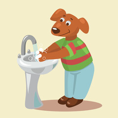 Illustration of a cute dog, washing hands in the sink. Cartoon illustration.