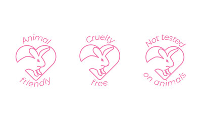 Set of 3 pink logo and icons with rabbits in heart for packaging. Cruelty free, not tested on animals and animal friendly badges. One line style vector illustrations. The rabbits has editable stroke.