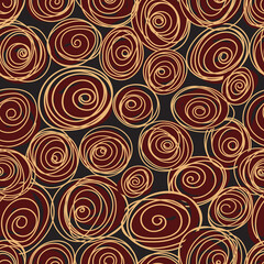 Seamless pattern with child doodle roses. Pattern with golden swirls on a burgundy red and black backdrops. Can be used for textile prints, cards, wrapping paper. Vector illustration, eps 10.