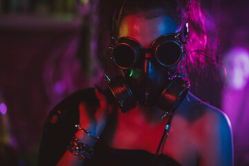 Portrait of a cyberpunk girl in a gas mask and glasses in the style of the post-apocalypse....