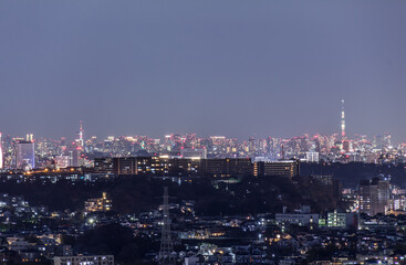 横浜市円海山から望む みなとみらいとベイブリッジ、スカイツリーの夜景