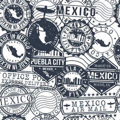 Puebla City Mexico Stamps Background. A City Stamp Vector Art. Set of Postal Passport Travel. Design Set Pattern.