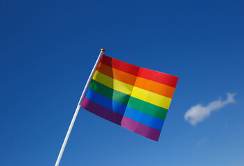 small lgbt flag in the hand against the blue sky