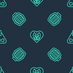 Set line Heart with cat, Pet carry case and Dog collar on seamless pattern. Vector