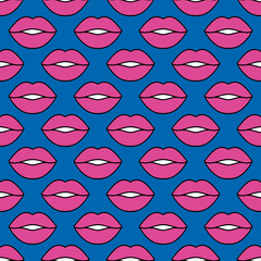 Sexual female lips. Seamless bright vector pattern with pink lips with an outline on a blue background. Fashion pop art background. For modern original designs, prints, textiles, fabrics, wallpapers..