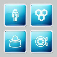 Set line Beekeeper with protect hat, Honeycomb, and Hanging sign honeycomb icon. Vector