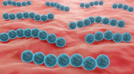 Probiotic streptococcus bacteria on mucosa, human microbiota 3d illustration - obrazy, fototapety, plakaty