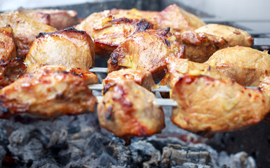 Barbecue on fire. Barbecue on a skewer.