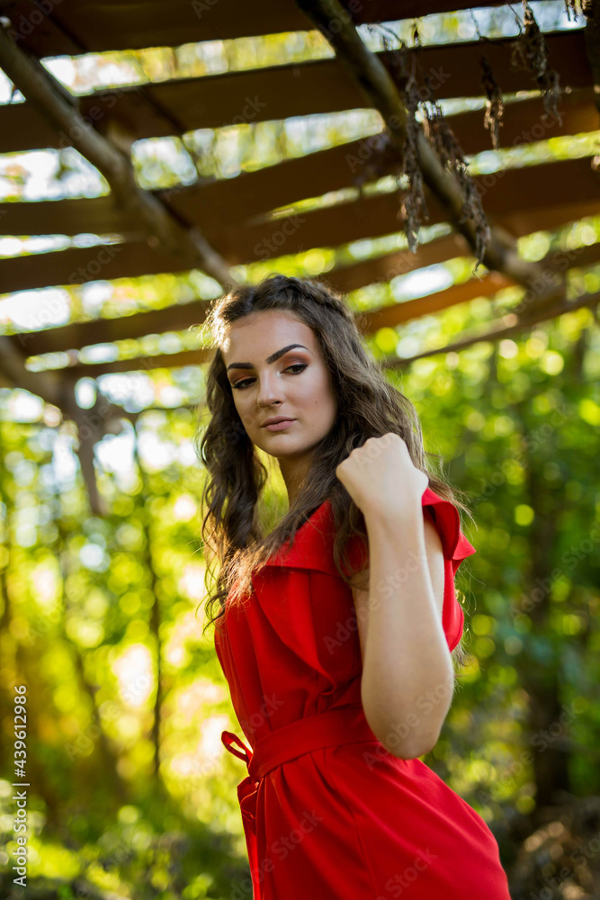 Poster pretty caucasian woman with a red dress posing in the park