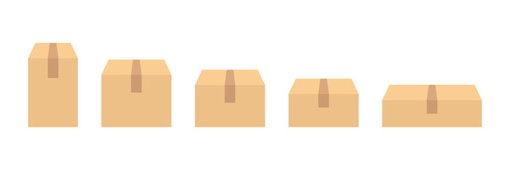 Delivery box isometric set icon. Carton container elements collection. Packaging closed box symbol. Cardboard isometric icon. Vector isolated on white.