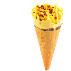 Ice cream in a waffle cone isolated on white . There is free space for text.
