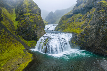 Aerial view of Stjornarfoss waterfall in Southern Iceland