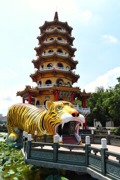 Longhu Pagodas in front of Cih Ji temple located at Lotus Lake. One of the towers is the Tiger Tower, the other one being the Dragon tower.