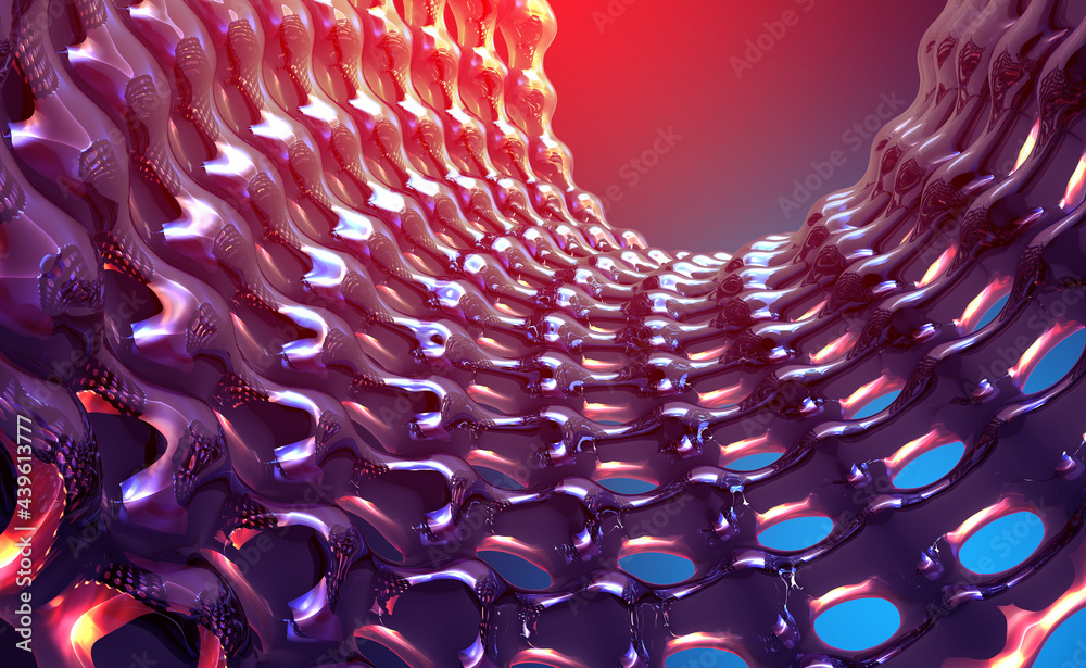 Poster 3D illustration nano surface, crystal structure, molecular lattice, internet technology. Abstract hi-tech background