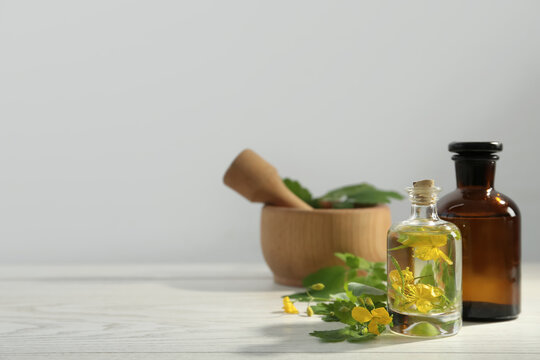 Bottles of celandine tincture and plant on white wooden table, space for text