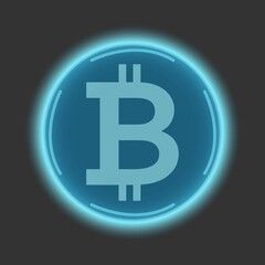 Blue glowing bitcoin button on a dark background. 3D rendering. Blockchain technology, digital currency of the future. Vector illustration.