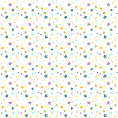 Abstract modern graphic background with random scattered colorful stars on white. Artistic backdrop with copy space for design. Web banner. Color stars on light base. Birthday party, wrapping paper