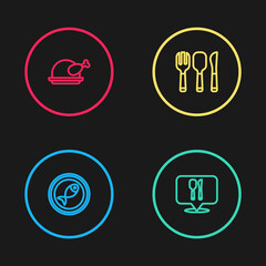 Set line Served fish on a plate, Cafe and restaurant location, Fork, spoon knife and Roasted turkey chicken icon. Vector