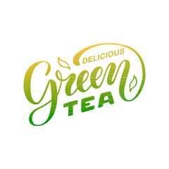 Vector illustration of delicious green tea brush lettering for package, poster, bistro, café, shop signage, advertisement design. Handwritten text for template, sign, billboard, print 
