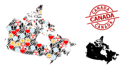 Rubber Canada stamp seal, and frost population inoculation collage map of Canada. Red round seal contains Canada caption inside circle. Map of Canada collage is composed of snow, sun, healthcare,