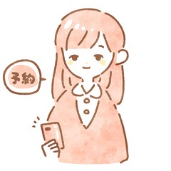 スマートフォンで予約を入れるシンプルでかわいい手描きの女性
