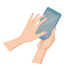 Vector icon of human hands holding smartphone. Media communication technologies. Smartphone desktop. Internet information and sources.