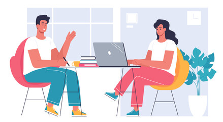 Young people work together in the modern office vector illustration 