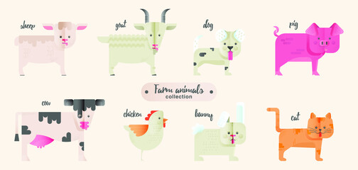 Cute Animals with Tongue Vector Illustration Icon Set : Sheep, Goat, Cow, Chicken, Dog, Pig, Cat, Bunny isolated on a white background.