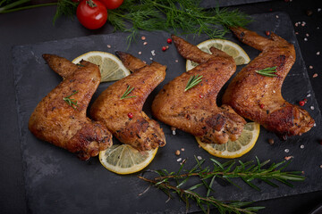 Roasted chicken wings in barbecue sauce with pepper seeds Rosemary, salt in a black stone plate on a gray stone table. top view with copy space. tasty snack for beer on a dark background. Flat lay.