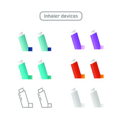 Set of Inhaler Devices Icon in Color and in Line Isolated on White Background. Breather for Cough Relief, Inhalation, Allergic Patient.