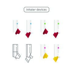 Obraz premium Set of Inhaler Devices Icon in Color and in Line Isolated on White Background. Breather for Cough Relief, Inhalation, Allergic Patient.