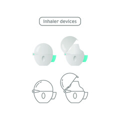 Set of Inhaler Devices Icon in Color and in Line Isolated on White Background. Inhalation Breather for Cough Relief, Allergy Patient.