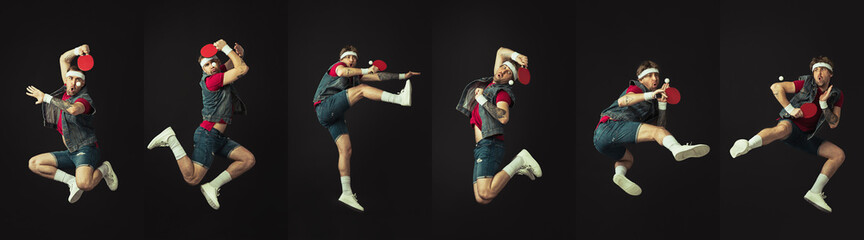 Collage of young Caucasian funny man playing ping pong isolated on black background.