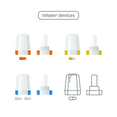 Set of Inhaler Devices Icon in Color and in Line Isolated on White Background. Breather for Cough Relief, Inhalation, Allergic Patient. - obrazy, fototapety, plakaty