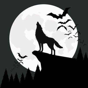 cartoon illustration Black and white, wolf howling on cliff, A group of bats flying the moon, halloween night background,