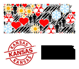 Scratched Kansas stamp seal, and winter people inoculation collage map of Kansas State. Red round stamp contains Kansas text inside circle. Map of Kansas State mosaic is done with winter, weather,