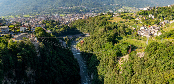 Sondrio in Valtellina, cable-stayed bridge construction in Cassandre, aerial view