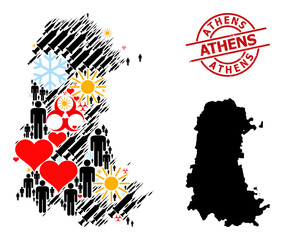 Rubber Athens badge, and sunny people vaccine mosaic map of Palencia Province. Red round badge includes Athens title inside circle. Map of Palencia Province mosaic is organized of snow, sun, heart,