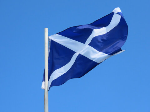 Scotland flag - white saltire on blue field - bold and proud floating in the wind against sunny blue sky, early spring