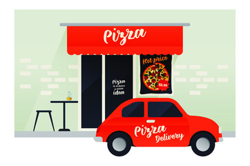 Modern Flat Vector Concept Illustrations. Branding Red Car Delivery at Front of Pizza Restaurant. Italian Style. Hot Price Poster.