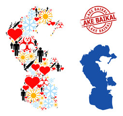 Obraz premium Grunge Lake Baikal stamp seal, and heart demographics Covid-2019 treatment collage map of Caspian Sea. Red round stamp seal contains Lake Baikal title inside circle.
