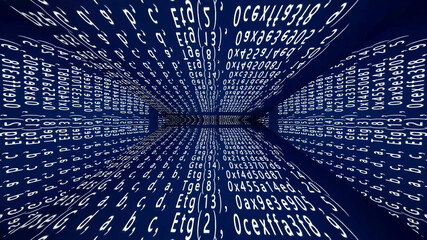 A 3d cyberspace corridor, its blue walls covered with white distorted source code text and symbols.
