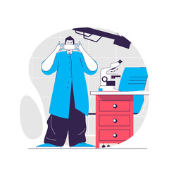 Laboratory web concept. Man puts on mask, testing at microscope in lab. Scientific research people scene. Flat characters design for website. Vector illustration for social media promotional materials
