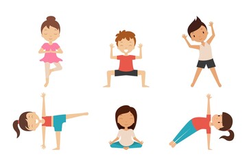 Yoga for kids. Smiling children in different poses and asanas is