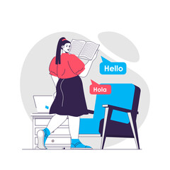 Language course web concept. Woman reads textbook, learns Spanish, speaking club. Education people scene. Flat characters design for website. Vector illustration for social media promotional materials © alexdndz