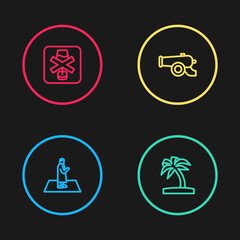 Set line Muslim man prays, Tropical palm tree, Ramadan cannon and No alcohol icon. Vector