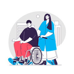 Medical support web concept. Nurse pushing wheelchair with disabled person. Healthcare people scene. Flat characters design for website. Vector illustration for social media promotional materials